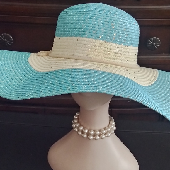 Turquoise Wide Brim Floppy Summer Hat Beach Church Reception Party Brunch NWT - Picture 5 of 9